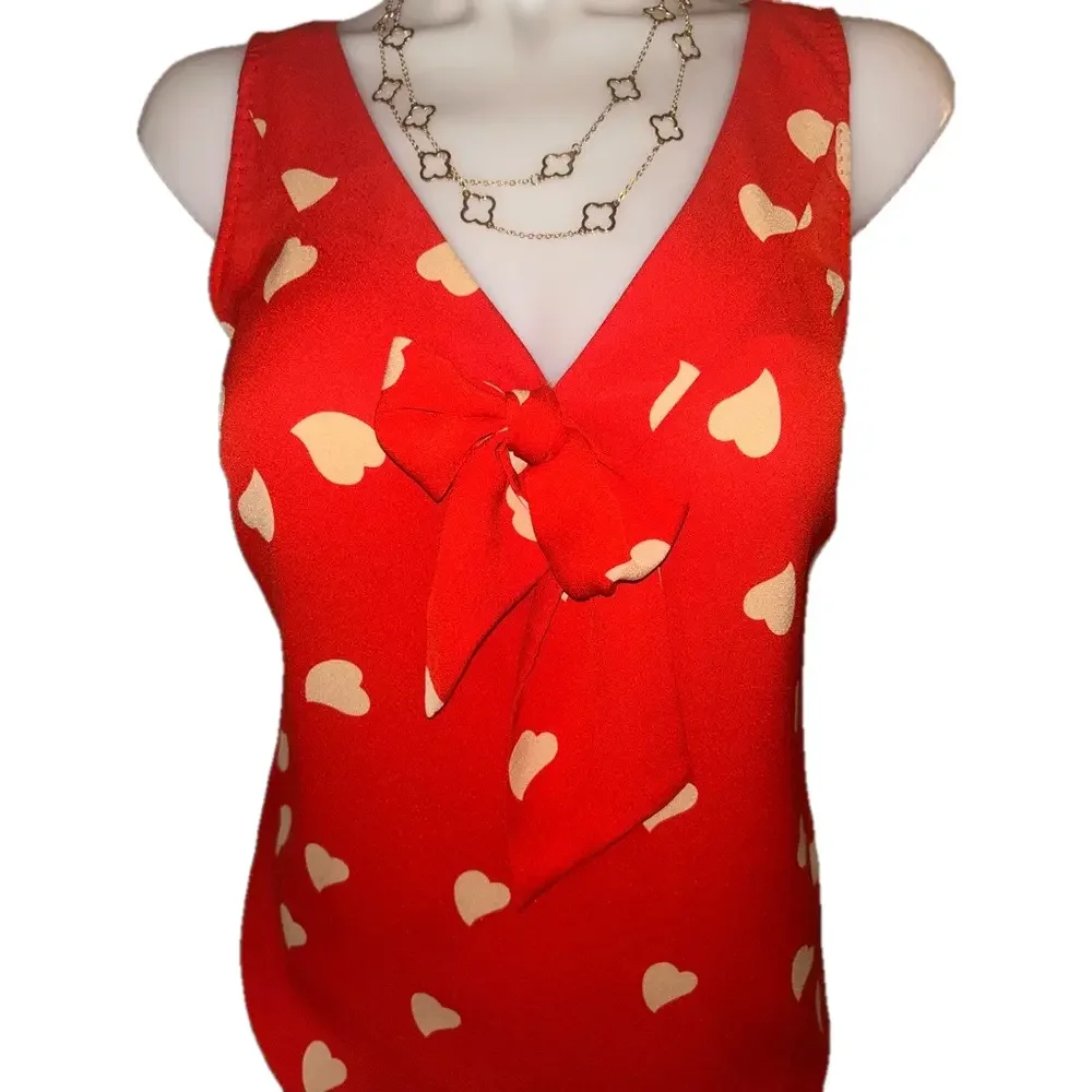 Tory Burch 100% Silk Top VNeck Red Bowtie Accent Valentines Day NWOT